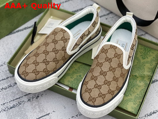 Gucci Womens Gucci Tennis 1977 Slip On Sneaker Beige and Ebony GG Canvas 624733 Replica