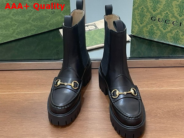 Gucci Womens Horsebit Boot with Lug Sole in Black Leather 794306 Replica