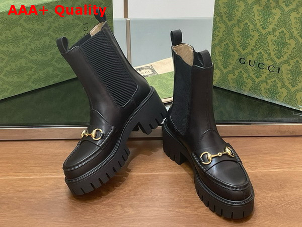 Gucci Womens Horsebit Boot with Lug Sole in Black Leather 794306 Replica