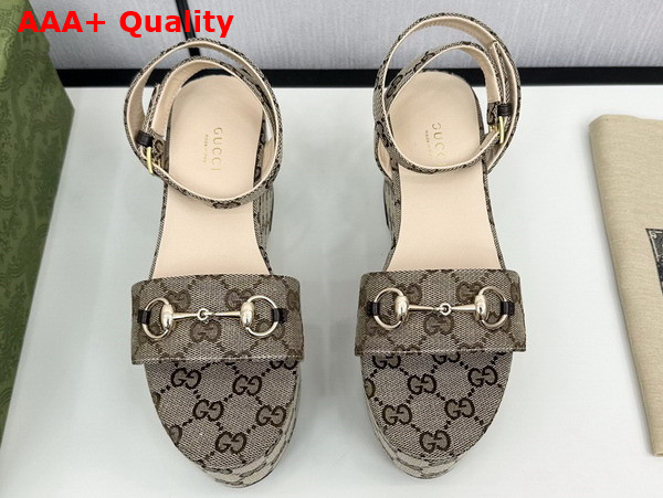 Gucci Womens Horsebit Flatform Sandal in Beige and Ebony Original GG Canvas 794718 Replica