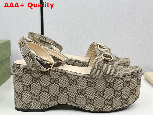 Gucci Womens Horsebit Flatform Sandal in Beige and Ebony Original GG Canvas 794718 Replica