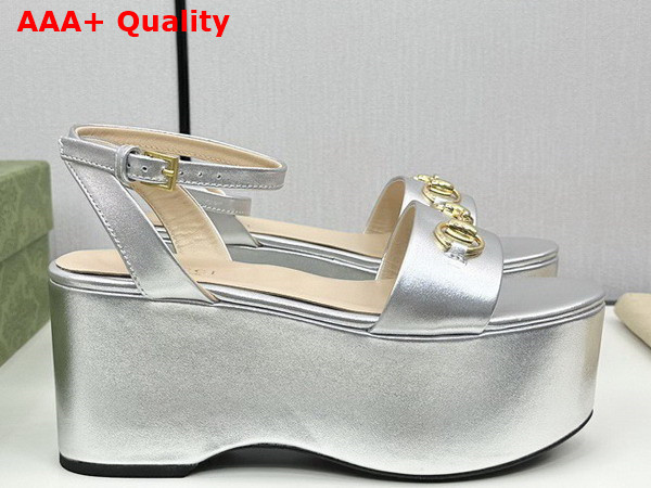 Gucci Womens Horsebit Flatform Sandal in Silver Leather 794358 Replica