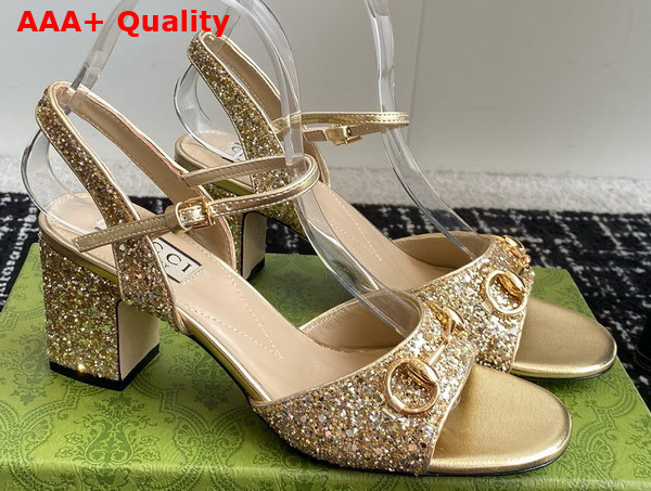 Gucci Womens Horsebit Mid Heel Sandal in Metallic Gold Leather with Crystals 771696 Replica