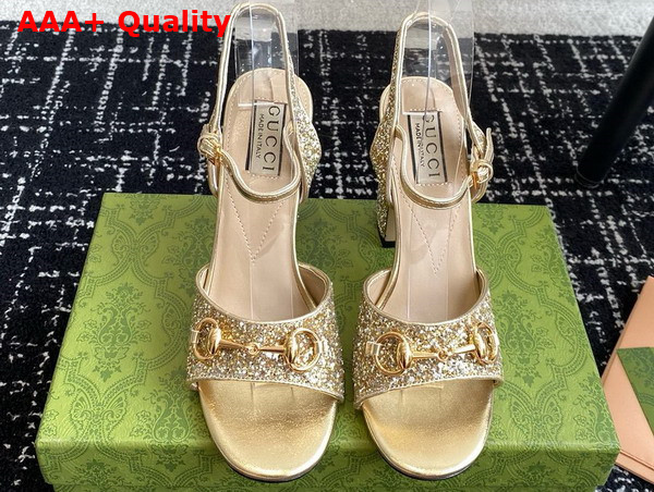 Gucci Womens Horsebit Mid Heel Sandal in Metallic Gold Leather with Crystals 771696 Replica