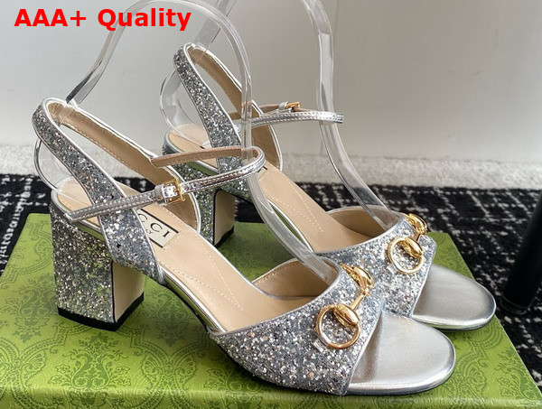 Gucci Womens Horsebit Mid Heel Sandal in Metallic Silver Leather with Crystals 771696 Replica