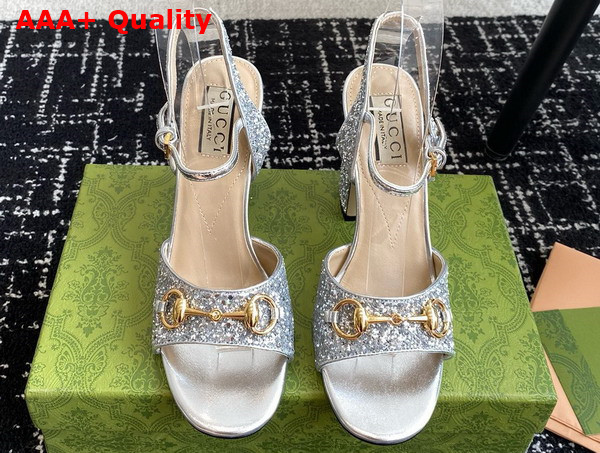 Gucci Womens Horsebit Mid Heel Sandal in Metallic Silver Leather with Crystals 771696 Replica