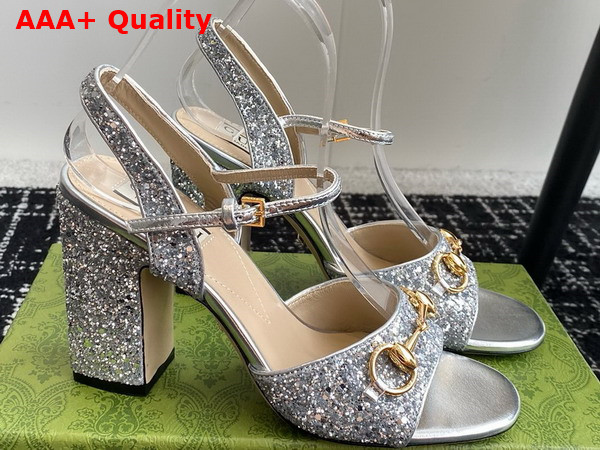 Gucci Womens Horsebit Mid Heel Sandal in Metallic Silver Leather with Crystals 771696 Replica