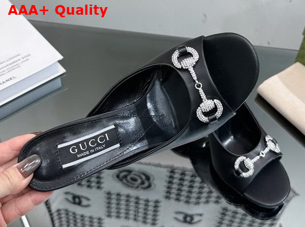 Gucci Womens Horsebit Mid Heel Slide Sandal in Black Leather 771693 Replica