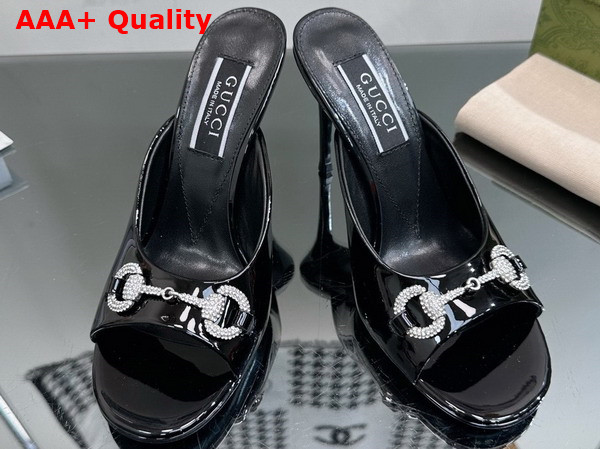 Gucci Womens Horsebit Mid Heel Slide Sandal in Black Patent Leather 771693 Replica