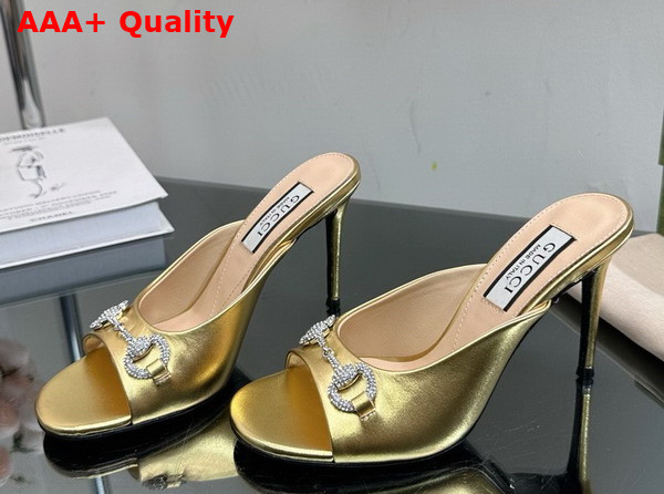 Gucci Womens Horsebit Mid Heel Slide Sandal in Gold Leather 771693 Replica