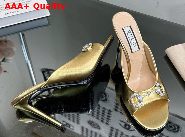 Gucci Womens Horsebit Mid Heel Slide Sandal in Gold Leather 771693 Replica