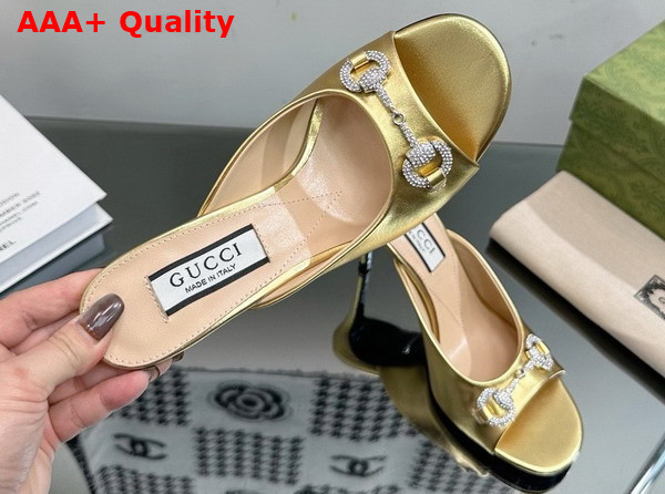 Gucci Womens Horsebit Mid Heel Slide Sandal in Gold Leather 771693 Replica