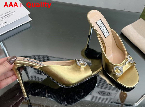 Gucci Womens Horsebit Mid Heel Slide Sandal in Gold Leather 771693 Replica