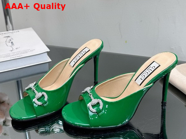 Gucci Womens Horsebit Mid Heel Slide Sandal in Green Patent Leather 771693 Replica