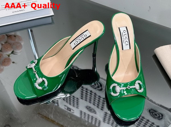 Gucci Womens Horsebit Mid Heel Slide Sandal in Green Patent Leather 771693 Replica