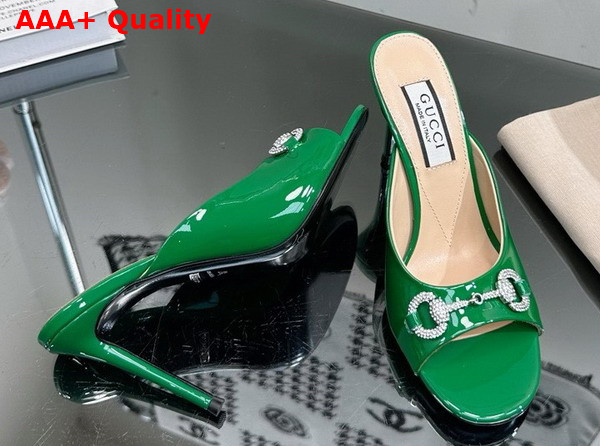 Gucci Womens Horsebit Mid Heel Slide Sandal in Green Patent Leather 771693 Replica