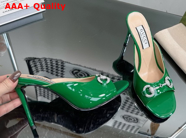 Gucci Womens Horsebit Mid Heel Slide Sandal in Green Patent Leather 771693 Replica