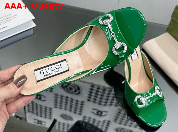 Gucci Womens Horsebit Mid Heel Slide Sandal in Green Patent Leather 771693 Replica