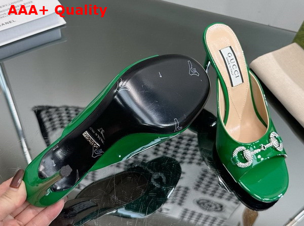 Gucci Womens Horsebit Mid Heel Slide Sandal in Green Patent Leather 771693 Replica