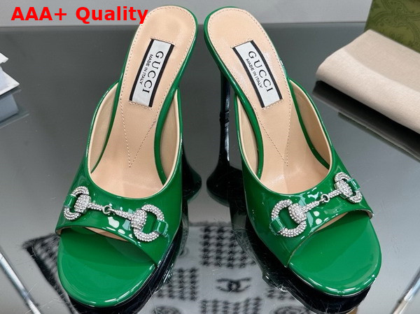 Gucci Womens Horsebit Mid Heel Slide Sandal in Green Patent Leather 771693 Replica