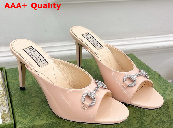 Gucci Womens Horsebit Mid Heel Slide Sandal in Light Pink Patent Leather 771693 Replica