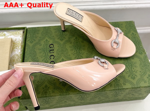 Gucci Womens Horsebit Mid Heel Slide Sandal in Light Pink Patent Leather 771693 Replica