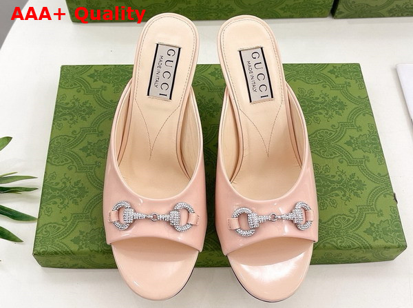 Gucci Womens Horsebit Mid Heel Slide Sandal in Light Pink Patent Leather 771693 Replica