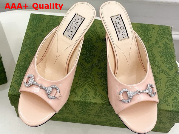 Gucci Womens Horsebit Mid Heel Slide Sandal in Light Pink Patent Leather 771693 Replica