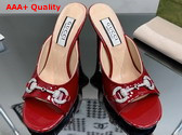 Gucci Womens Horsebit Mid Heel Slide Sandal in Red Patent Leather 771693 Replica