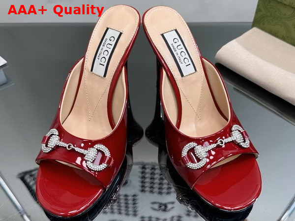 Gucci Womens Horsebit Mid Heel Slide Sandal in Red Patent Leather 771693 Replica