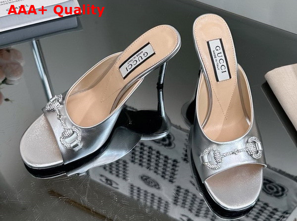 Gucci Womens Horsebit Mid Heel Slide Sandal in Silver Leather 771693 Replica