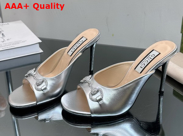 Gucci Womens Horsebit Mid Heel Slide Sandal in Silver Leather 771693 Replica