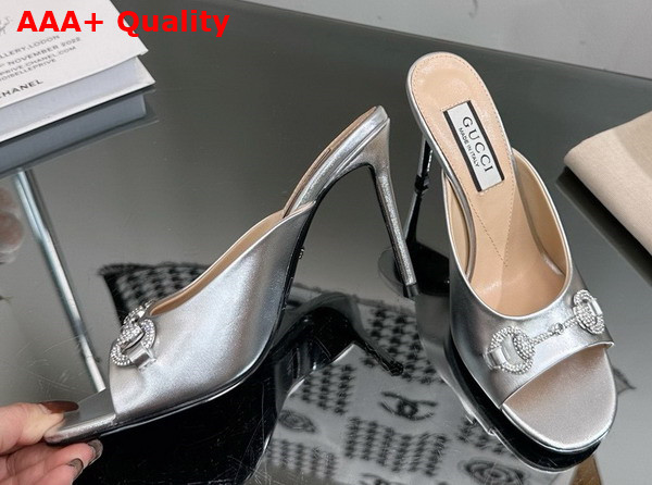 Gucci Womens Horsebit Mid Heel Slide Sandal in Silver Leather 771693 Replica