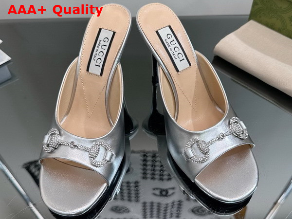 Gucci Womens Horsebit Mid Heel Slide Sandal in Silver Leather 771693 Replica