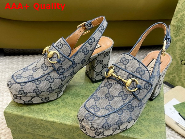 Gucci Womens Horsebit Mule in Beige and Blue Original GG Canvas 776916 Replica