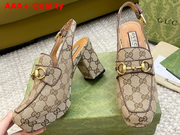 Gucci Womens Horsebit Mule in Beige and Ebony Original GG Canvas 776916 Replica