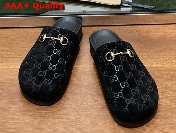 Gucci Womens Horsebit Slipper Black GG Suede 749752 Replica