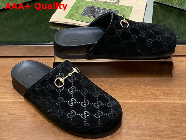 Gucci Womens Horsebit Slipper Black GG Suede 749752 Replica