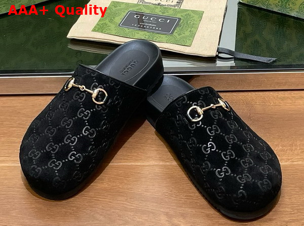 Gucci Womens Horsebit Slipper Black GG Suede 749752 Replica