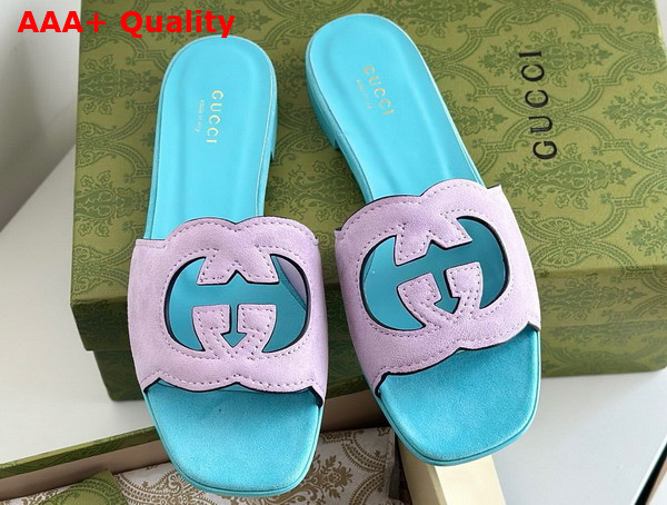 Gucci Womens Interlocking G Cut Out Sandal in Light Blue and Lilac Suede 694451 Replica