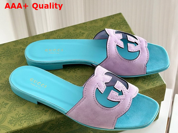 Gucci Womens Interlocking G Cut Out Sandal in Light Blue and Lilac Suede 694451 Replica