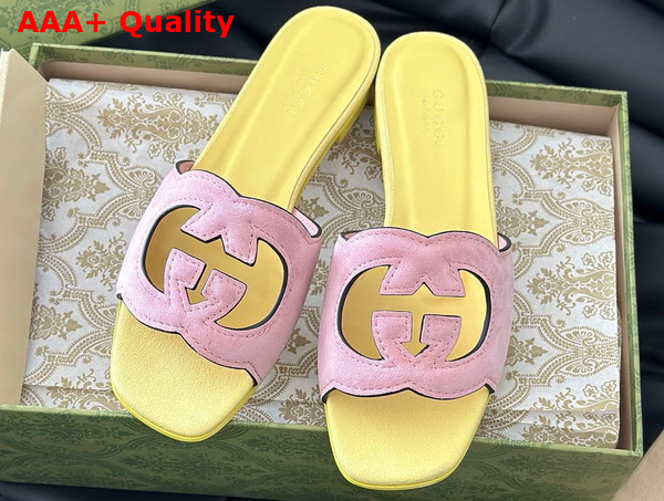 Gucci Womens Interlocking G Cut Out Sandal in Light Pink and Yellow Suede 694451 Replica