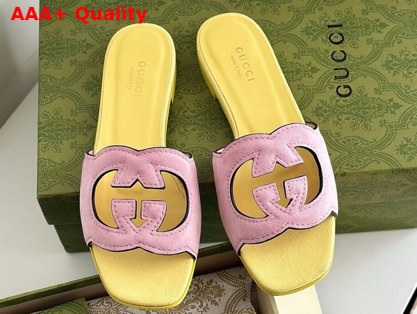 Gucci Womens Interlocking G Cut Out Sandal in Light Pink and Yellow Suede 694451 Replica