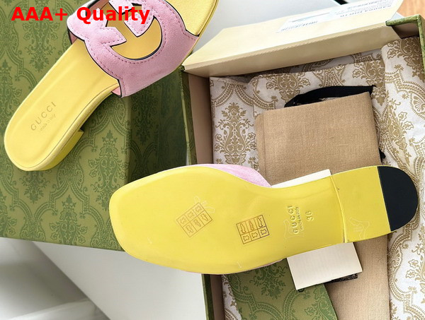 Gucci Womens Interlocking G Cut Out Sandal in Light Pink and Yellow Suede 694451 Replica