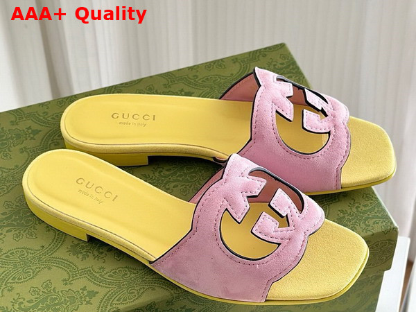 Gucci Womens Interlocking G Cut Out Sandal in Light Pink and Yellow Suede 694451 Replica