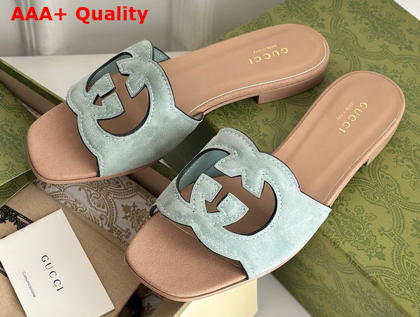 Gucci Womens Interlocking G Cut Out Sandal in Pale Green and Light Brown Suede 694451 Replica