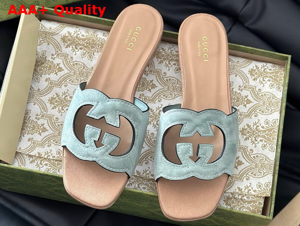 Gucci Womens Interlocking G Cut Out Sandal in Pale Green and Light Brown Suede 694451 Replica