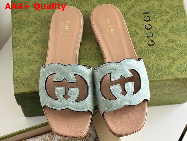 Gucci Womens Interlocking G Cut Out Sandal in Pale Green and Light Brown Suede 694451 Replica