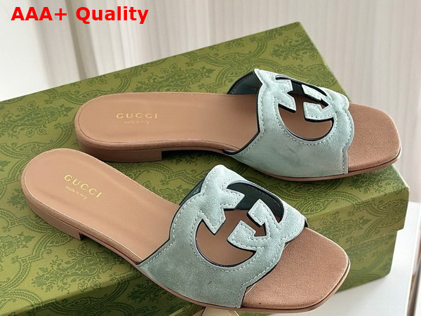 Gucci Womens Interlocking G Cut Out Sandal in Pale Green and Light Brown Suede 694451 Replica