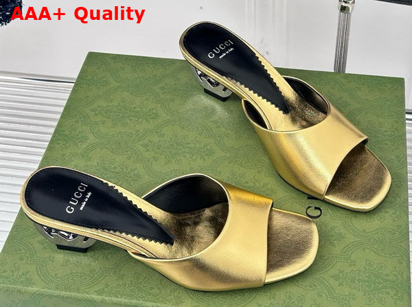 Gucci Womens Interlocking G Heel Sandal in Gold Leather 772569 Replica